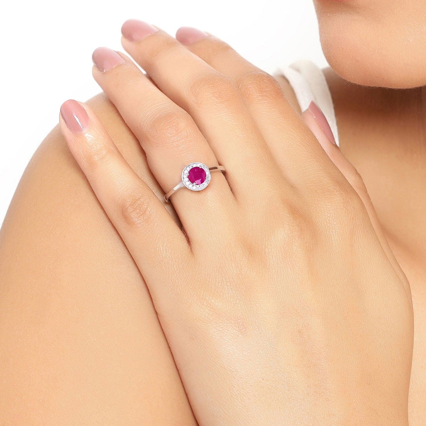 0.55 Ct Round Pink Mozambique Ruby & Lab Diamond Prong Silver Halo Ring