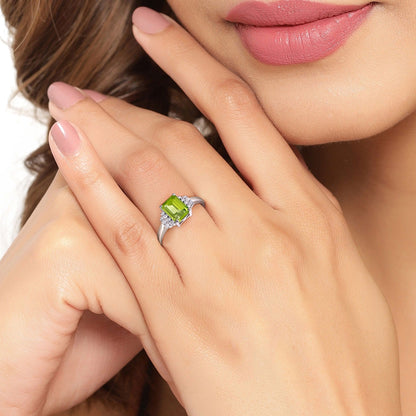 1.60 Ct Octagon Green Peridot and Lab Diamond Prong Silver Cocktail Ring