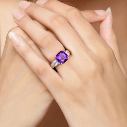 2.60 Ct Cushion Purple Amethyst and Lab Diamond Prong Silver Pave Bridge Ring