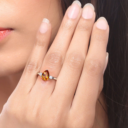1.05 Ct Pear Yellow Madeira Citrine and Lab Diamond Prong Silver Three Stone Ring