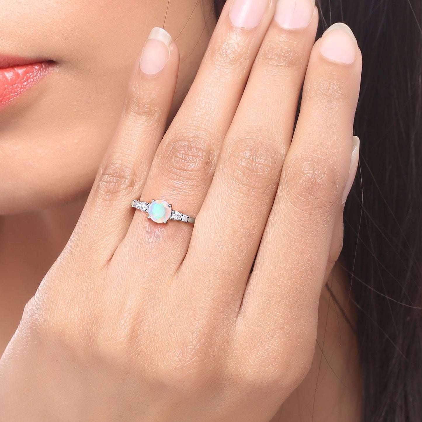 0.60 Ct Round White Ethiopian Opal and Lab Diamond Silver Prong Five Stone Ring