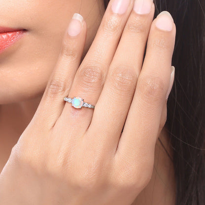 0.60 Ct Round White Ethiopian Opal and Lab Diamond Silver Prong Five Stone Ring