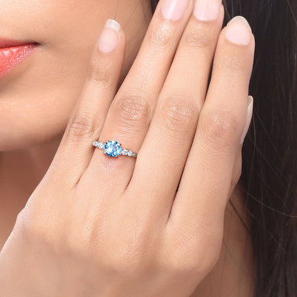 1.20 Ct Round Swiss Blue Topaz and Lab Diamond Prong Silver Five Stone Ring
