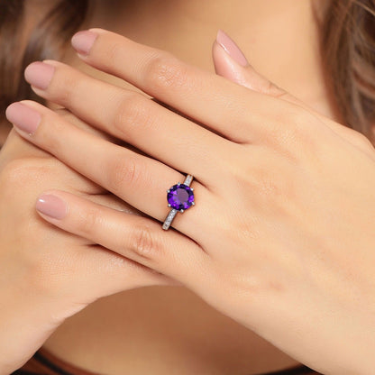2.40 Ct Round Purple Amethyst and Lab Diamond Prong Silver Pave Bridge Ring