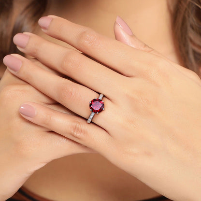 3.25 Ct Round Red Mozambique Garnet and Lab Diamond Prong Silver Pave Bridge Ring
