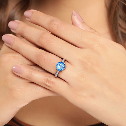 3.75 Ct Round Swiss Blue Topaz and Lab Diamond Prong Silver Pave Bridge Ring