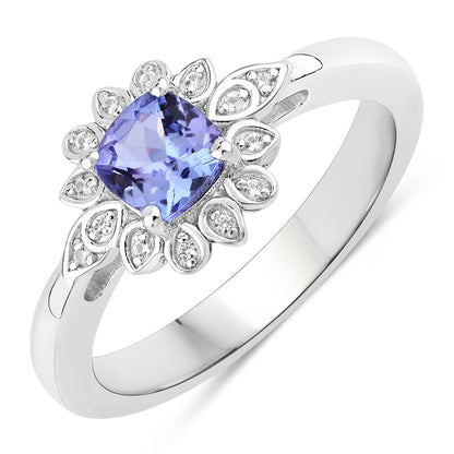 0.59 Ct Cushion Violet Tanzanite & Created White Sapphire Prong Silver Flower Halo Ring