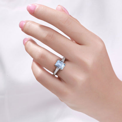 0.80 Ct Octagon Blue Aquamarine and Lab Diamond Prong Silver Cocktail Ring