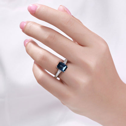 1.07 Ct Octagon London Blue Topaz and Lab Diamond Prong Silver Cocktail Ring