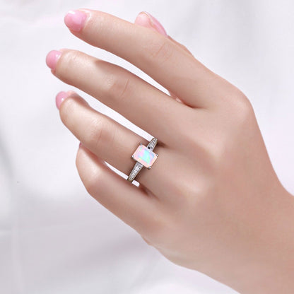 1.05 Ct Octagon White Ethiopian Opal and Lab Diamond Prong Silver Pave Bridge Ring