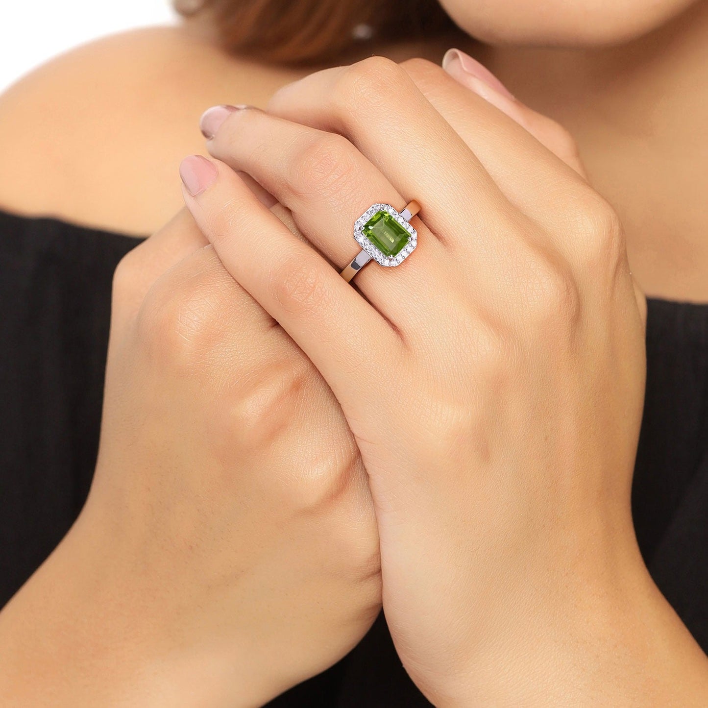 3.36 Ct Octagon Green Peridot and Lab Diamond Prong Silver Halo Engagement Ring
