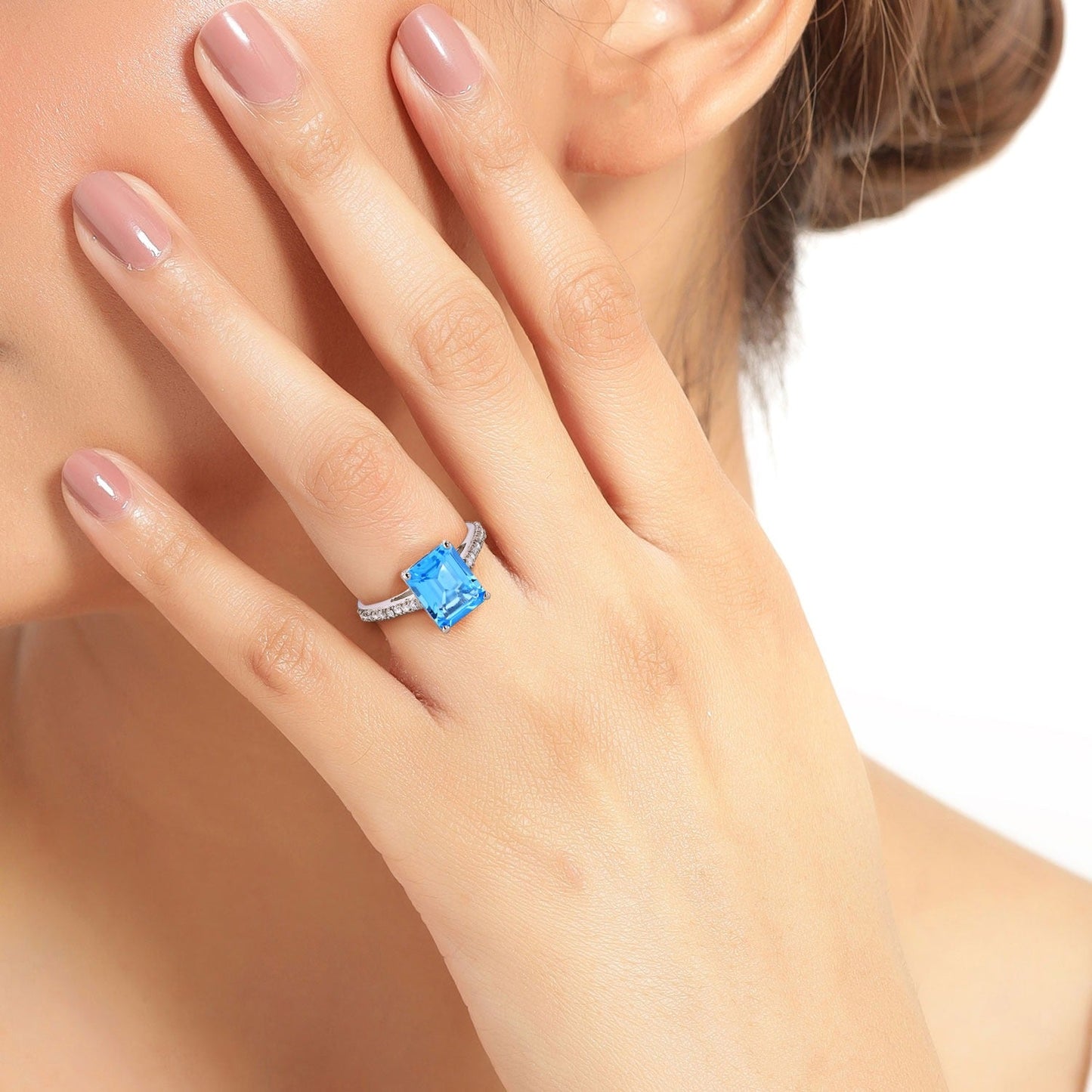 3.89 Ct Octagon Swiss Blue Topaz & Lab Diamond Prong Silver Pave Bridge Ring