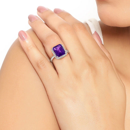 3.80 Ct Octagon Purple Amethyst and Lab Diamond Prong Silver Halo Ring