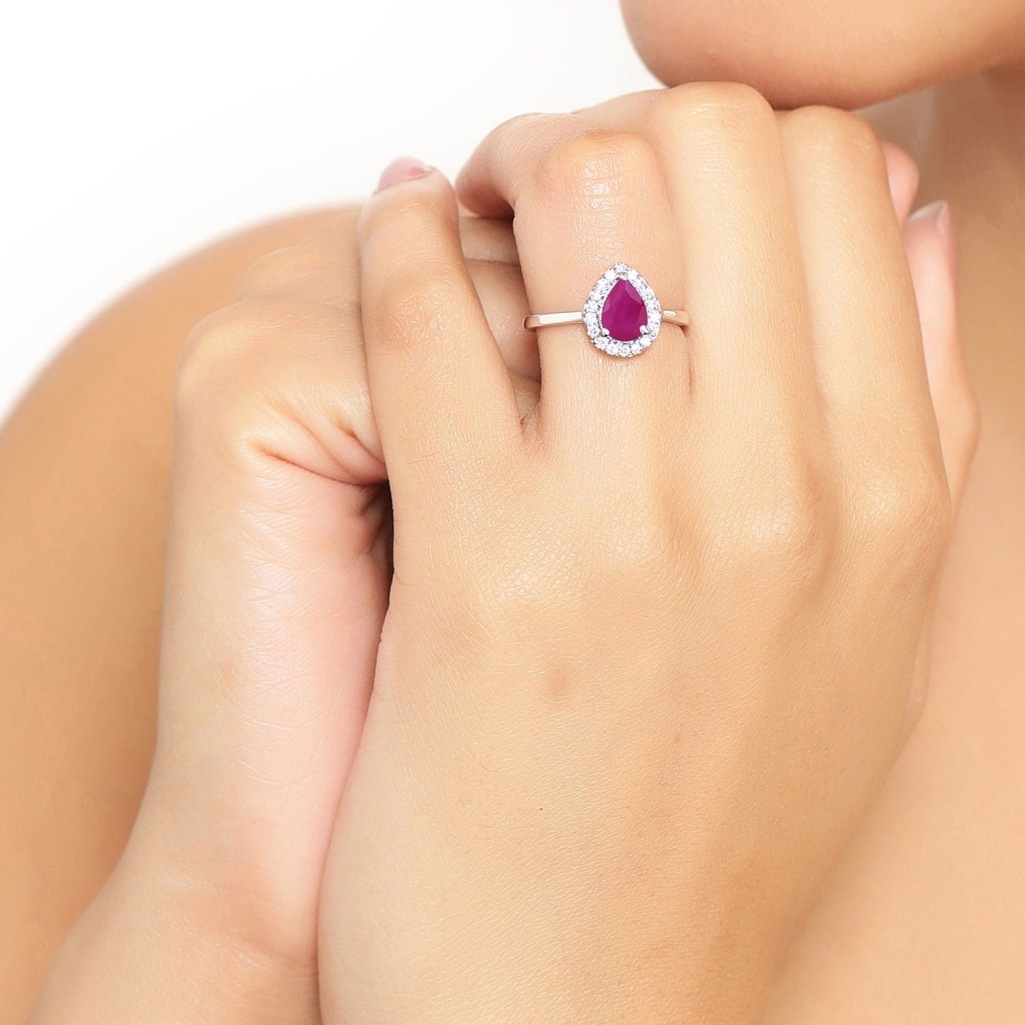 0.80 Ct Pear Pink Ruby & Lab Diamond Prong Sterling Silver Halo Ring