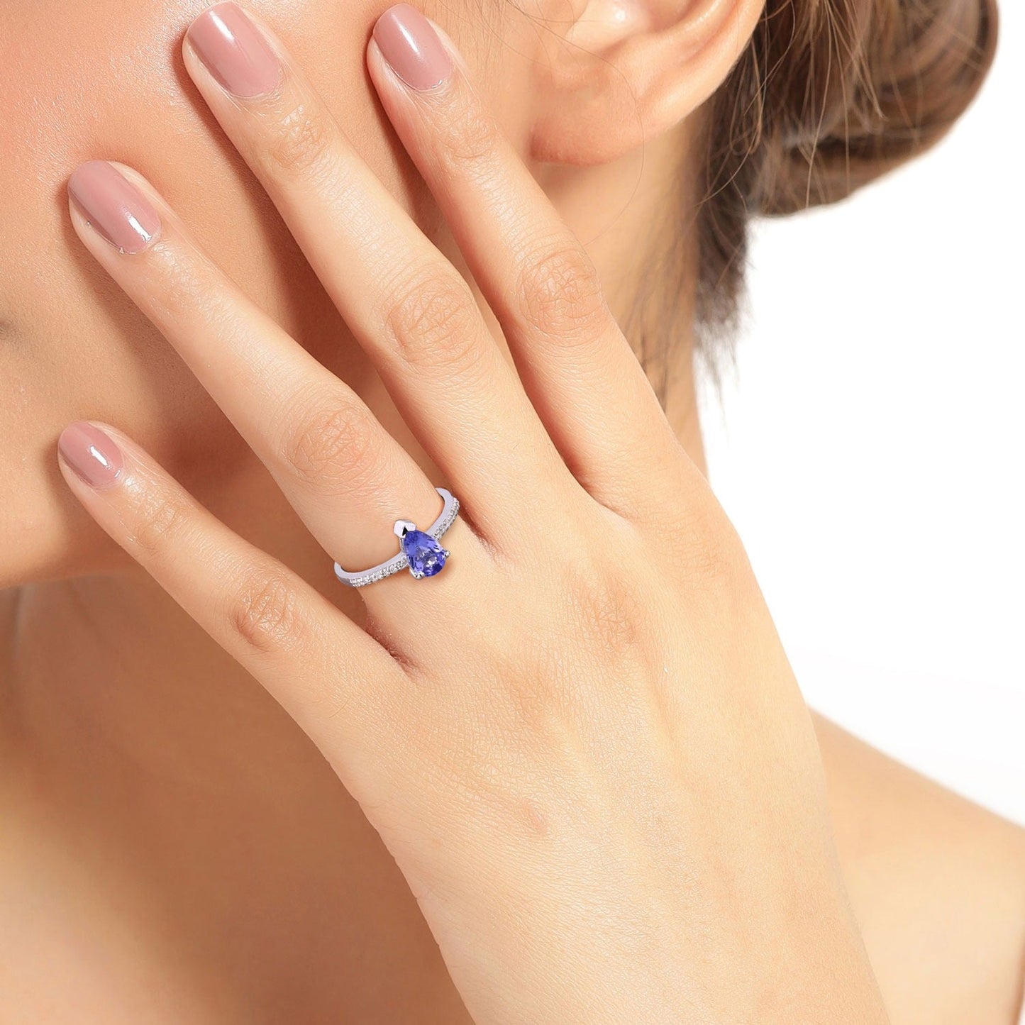 0.78 Ct Pear Violet Tanzanite and Lab Diamond V-Prong Silver Pave Bridge Ring