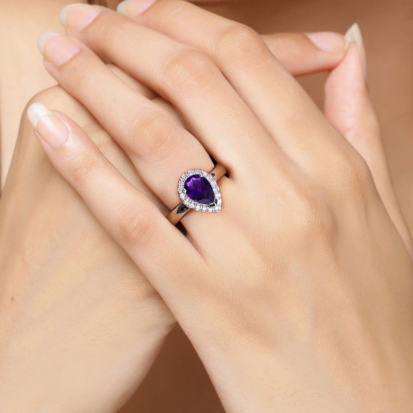 1.15 Ct Pear Purple Amethyst and Lab Diamond Prong Silver Halo Ring