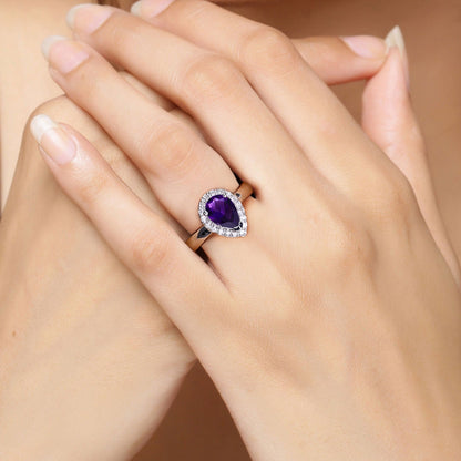 1.15 Ct Pear Purple Amethyst and Lab Diamond Prong Silver Halo Ring