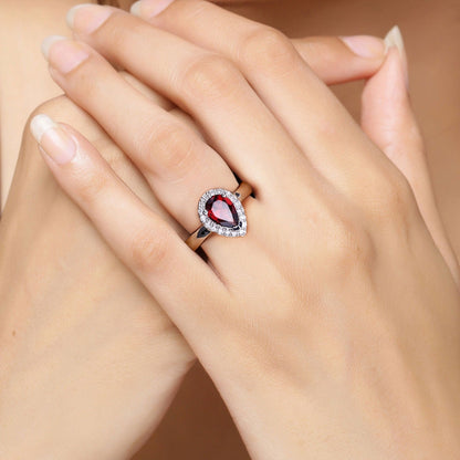 1.30 Ct Pear Red Mozambique Garnet & Lab Diamond Prong Silver Halo Ring