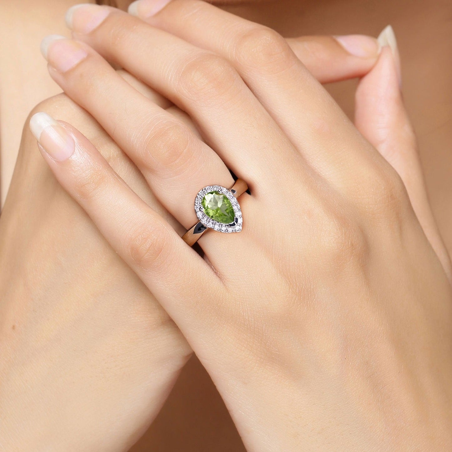 1.10 Ct Pear Green Peridot & Lab Diamond Prong Silver Halo Engagement Ring