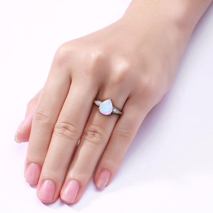 1.40 Ct Pear White Ethiopian Opal & Lab Diamond Prong Silver Cocktail Ring
