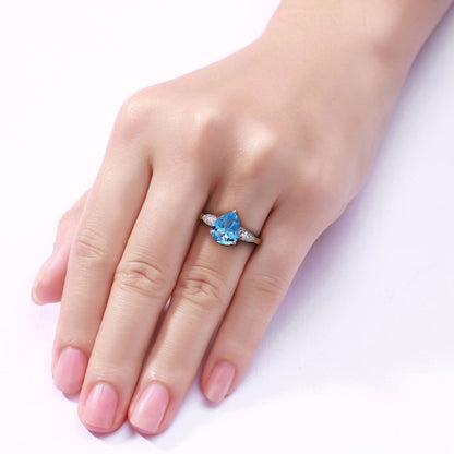 2.60 Ct Teardrop Blue Topaz & Lab Diamond Prong Sterling Silver Cocktail Ring