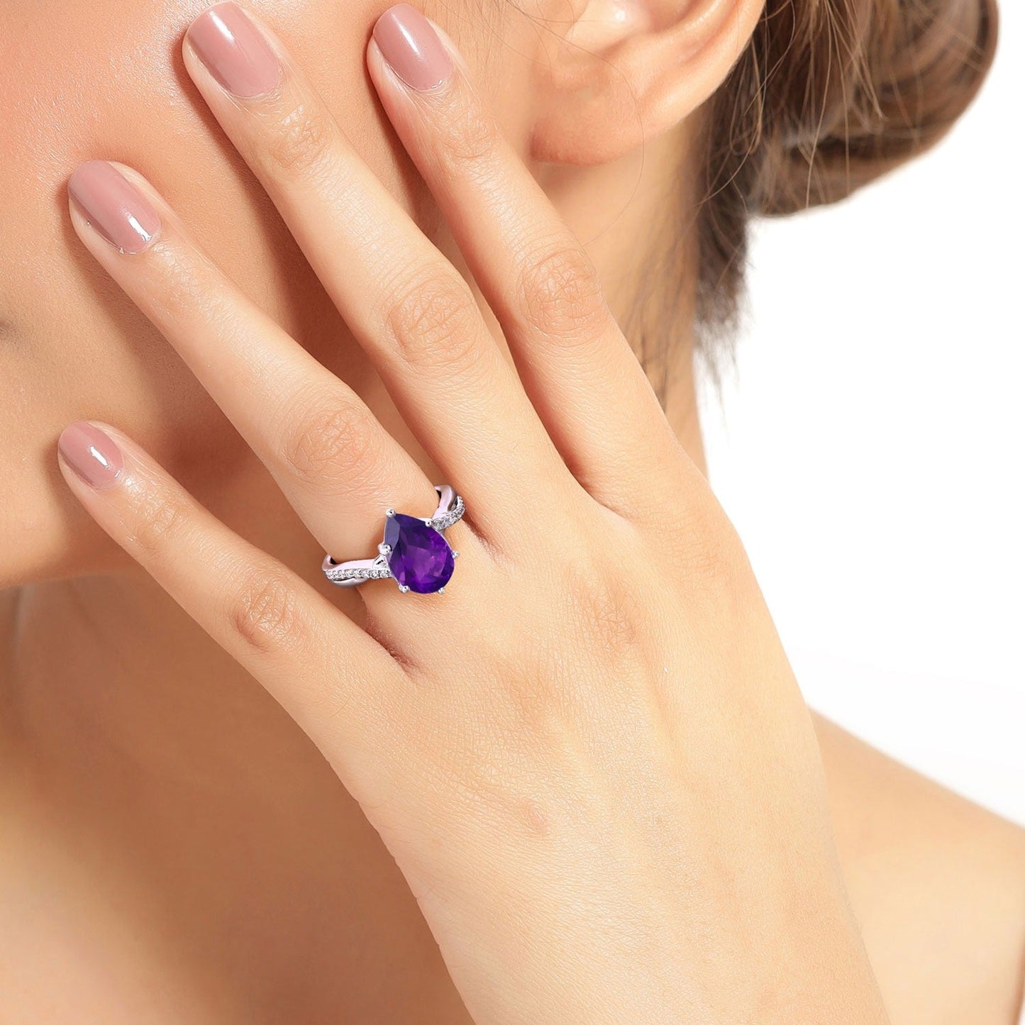 2.50 Ct Pear Purple Amethyst and Lab Diamond Prong Silver Pave Bypass Ring