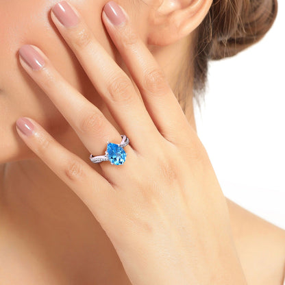 3.50 Ct Pear Swiss Blue Topaz & Lab Diamond Prong Silver Pave Bypass Ring