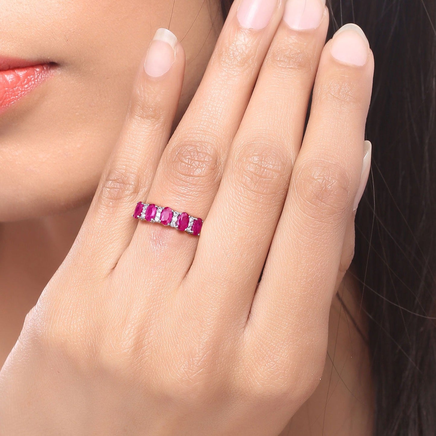 1.10 Ct Oval Pink Ruby & Lab Diamond Prong Silver Half Eternity Band Five Stone Ring
