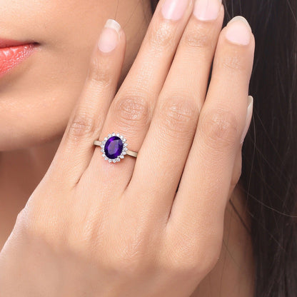 1.60 Ct Oval Purple Amethyst and Lab Diamond Prong Silver Halo Ring