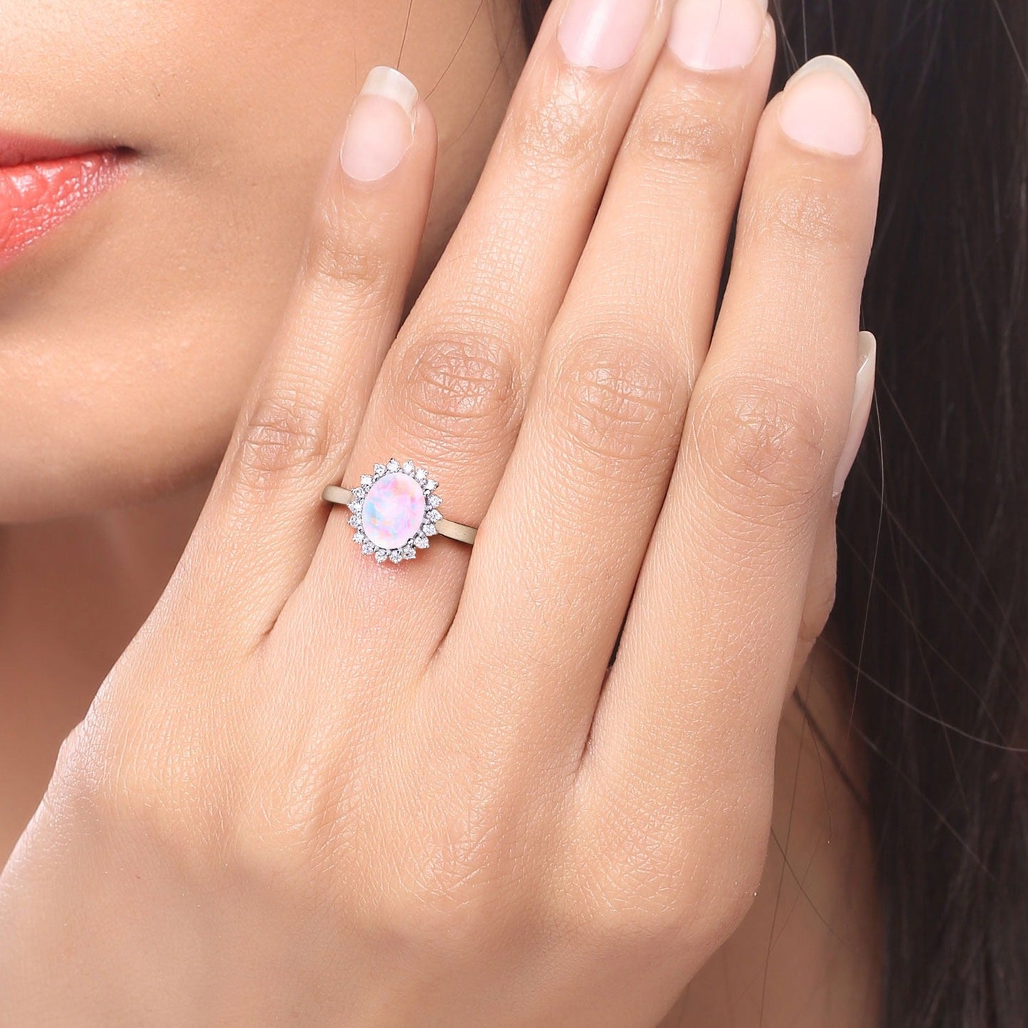 0.90 Ct Oval White Ethiopian Opal and Lab Diamond Prong Silver Halo Ring