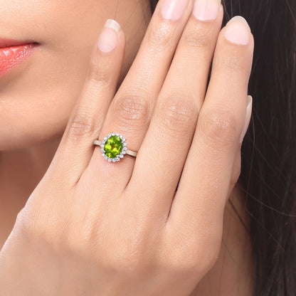 1.70 Ct Oval Green Peridot and Lab Diamond Prong Silver Halo Ring