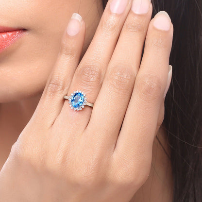 2 Ct Oval Swiss Blue Topaz and Lab Diamond Prong Silver Halo Ring