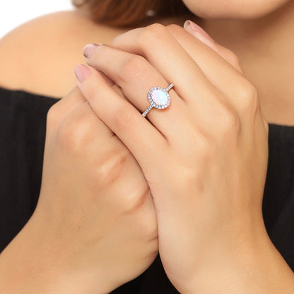 0.65 Ct Oval White Ethiopian Opal and Lab Diamond Prong Silver Halo Pave Ring