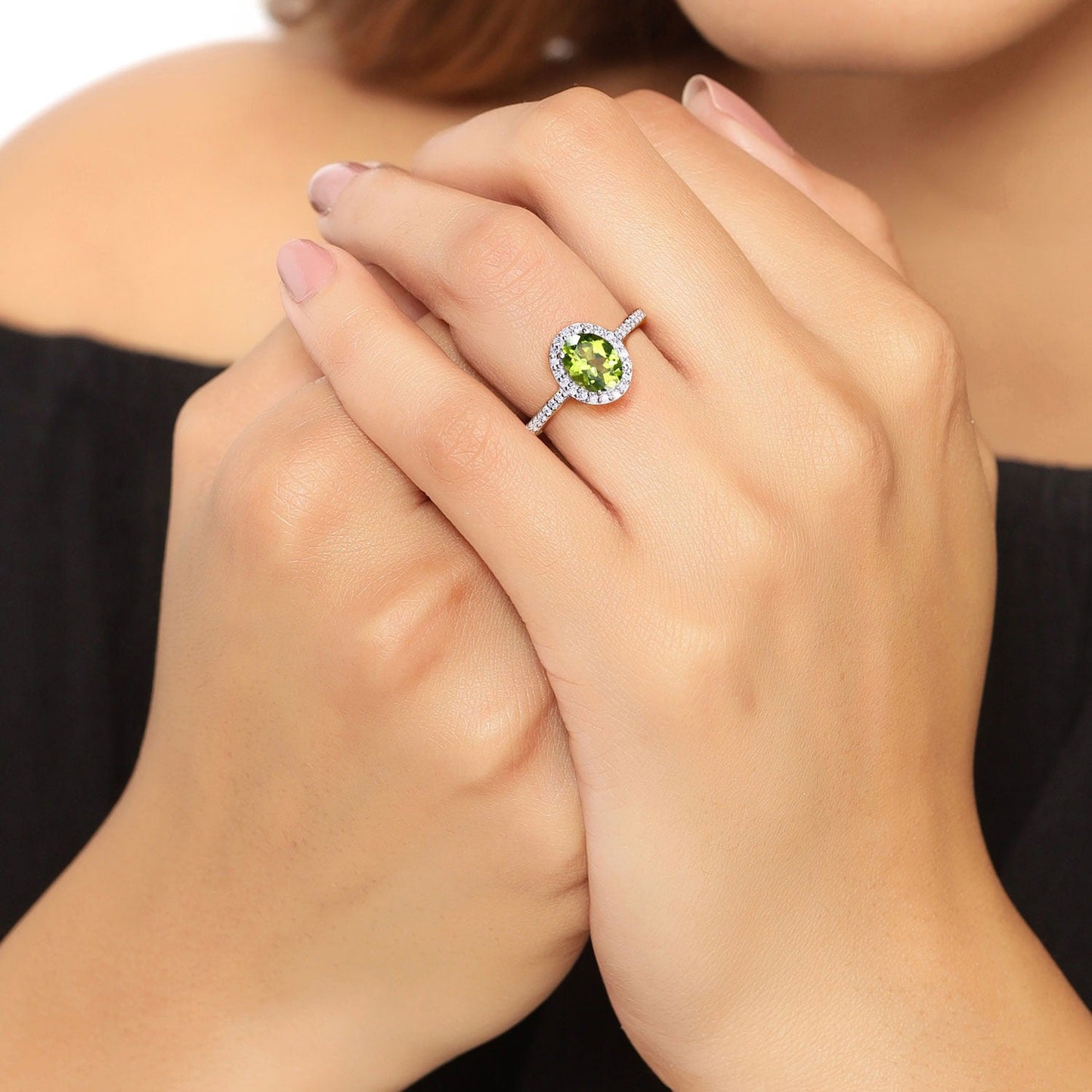 1.10 Ct Oval Green Peridot and Lab Diamond Prong Silver Halo Pave Ring