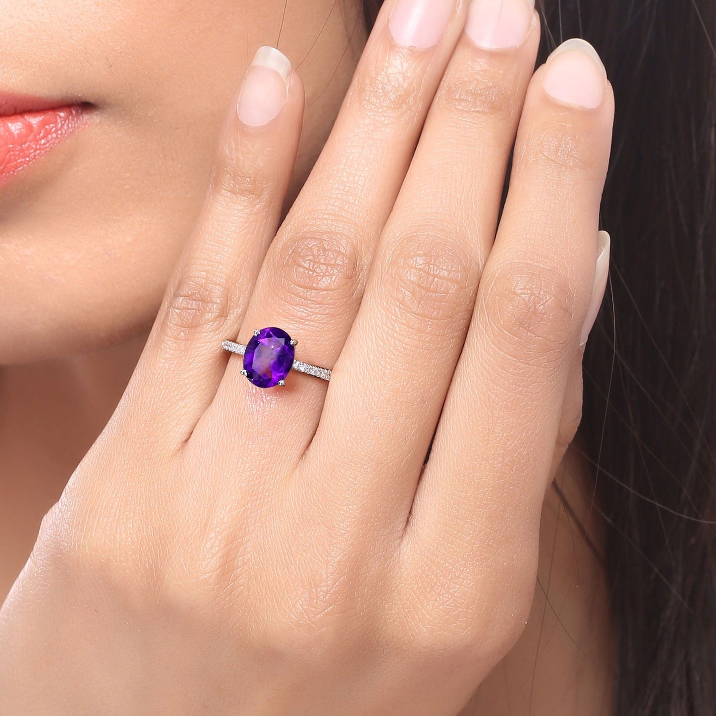 2.20 Ct Oval Purple Amethyst and Lab Diamond Prong Silver Pave Cocktail Ring