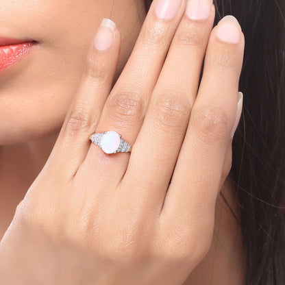 1.56 Ct Oval White Ethiopian Opal & Lab Diamond Prong Silver Bridge Ring