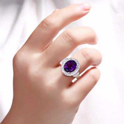 3.20 Ct Oval Purple Amethyst and Lab Diamond Prong Silver Halo Statement Ring