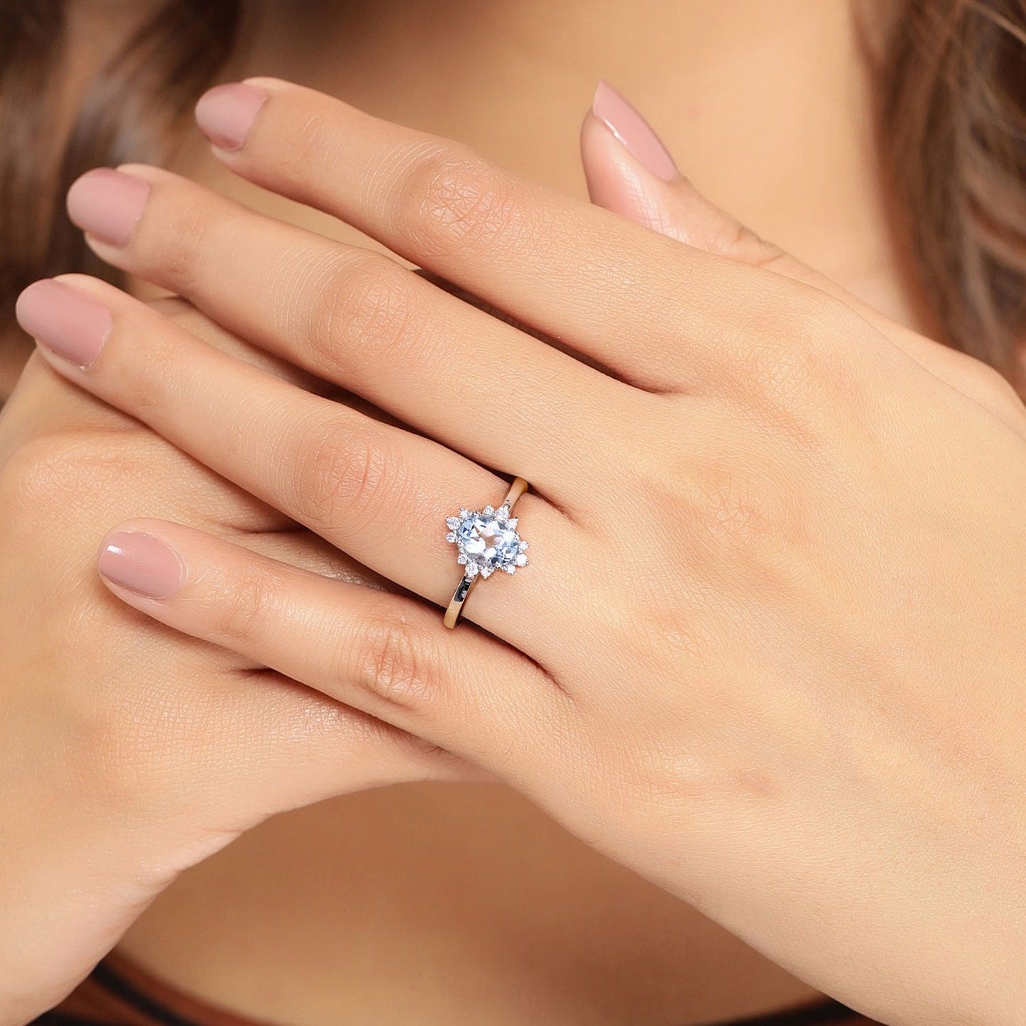 0.60 Ct Oval Blue Aquamarine and Lab Diamond Silver Halo Statement Ring