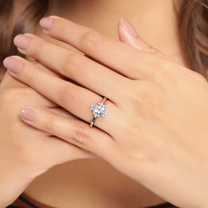 0.60 Ct Oval Blue Aquamarine and Lab Diamond Silver Halo Statement Ring