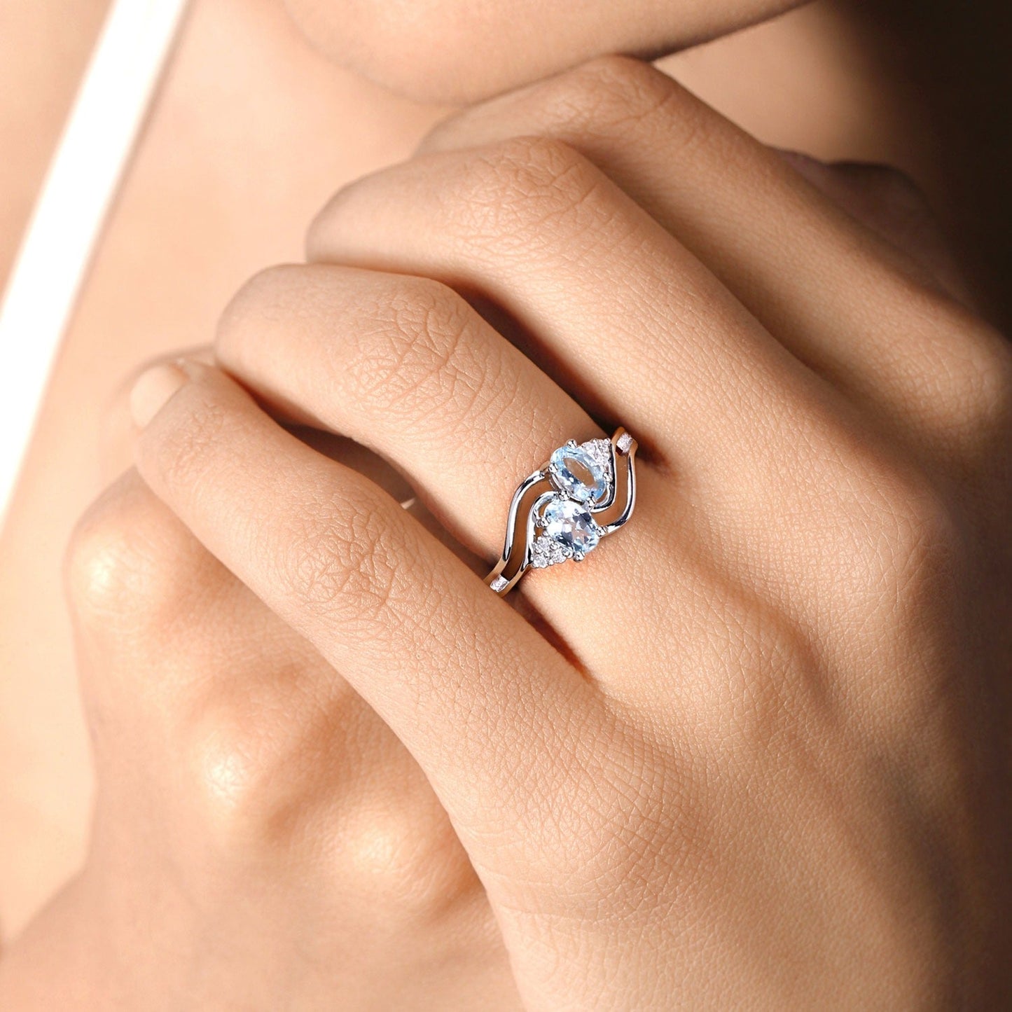0.80 Ct Oval Blue Aquamarine and Lab Diamond Silver Bypass Promise Ring