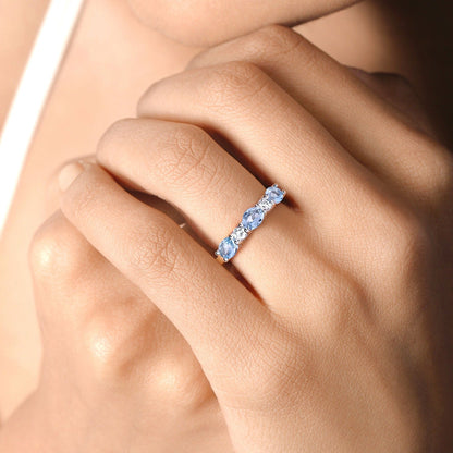 0.87 Ct Oval Blue Aquamarine and Lab Diamond Prong Silver Five Stone Ring