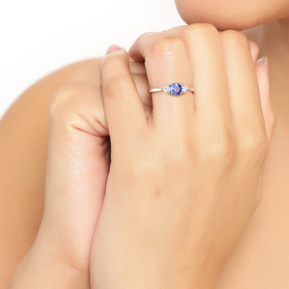 0.47 Ct Round Violet Tanzanite & Lab Diamond Prong Silver Three Stone Ring