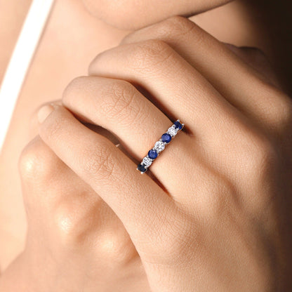 0.52 Ct Round Blue Sapphire Lab Diamond Prong Silver 7 Stone Half Eternity Ring