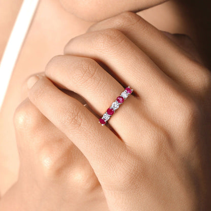 0.52 Ct Round Pink Mozambique Ruby and Lab Diamond Prong Silver 7 Stone Half Eternity Ring
