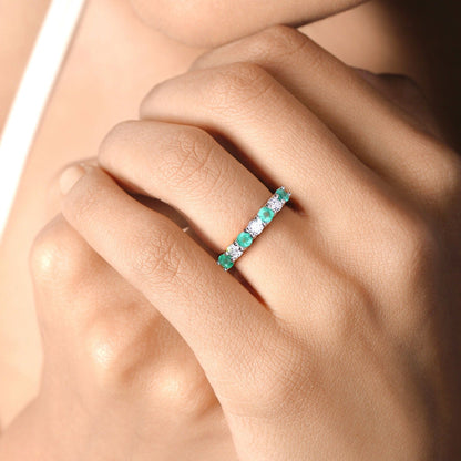 0.40 Ct Round Green Zambian Emerald and Lab Diamond Prong Silver 7 Stone Half Eternity Ring