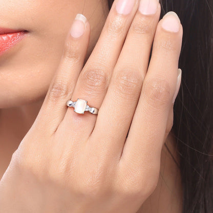 0.85 Ct Cushion White Ethiopian Opal and Lab Diamond Silver Cocktail Ring