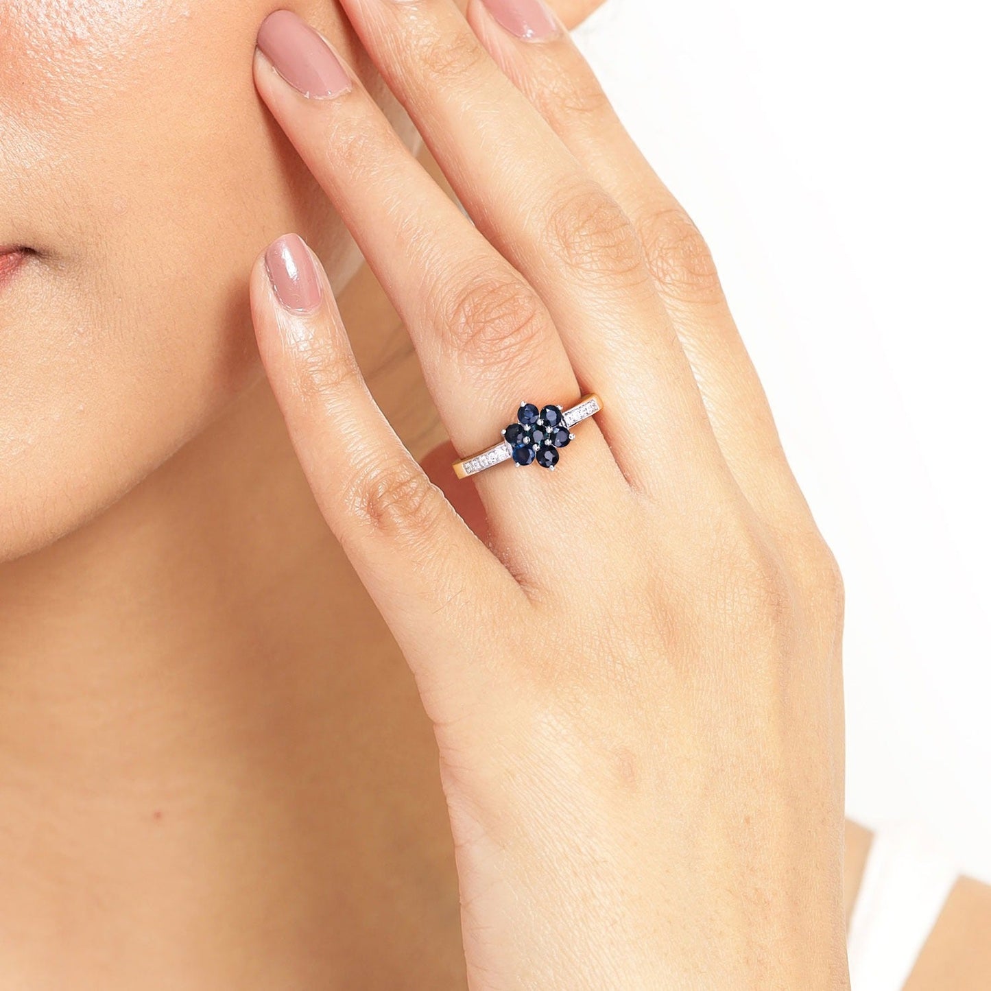 0.49 Ct Round Blue Sapphire and Lab Diamond Prong Silver Pave Floral Ring
