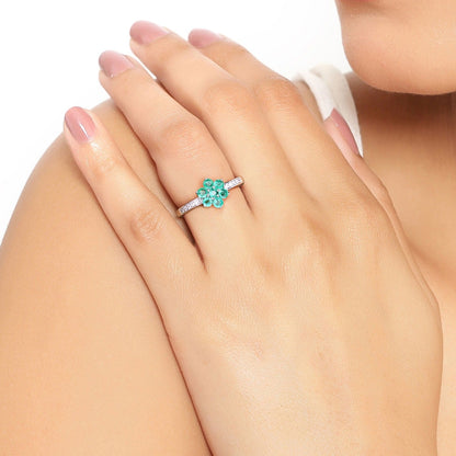 0.42 Ct Round Green Zambian Emerald & Lab Diamond Prong Silver Pave Floral Ring