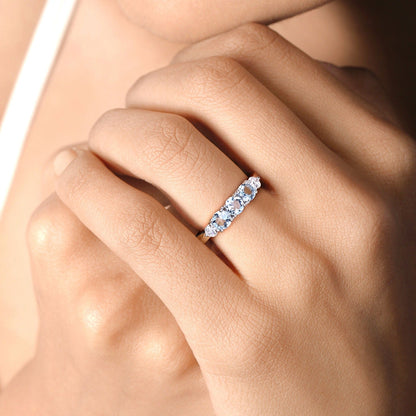 0.66 Ct Round Blue Aquamarine and Lab Diamond Prong Silver Five Stone Ring