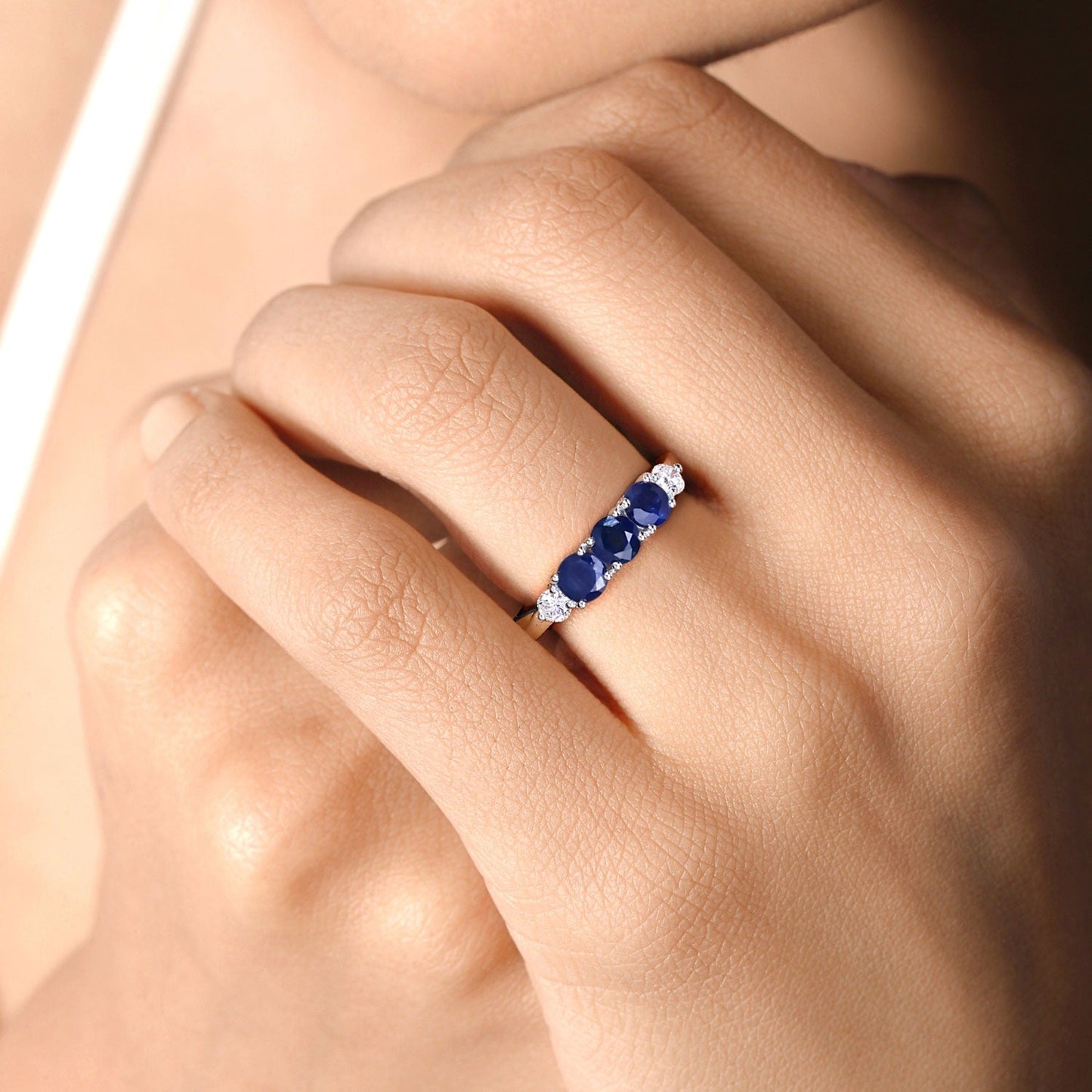 0.90 Ct Round Blue Sapphire & Lab Diamond Prong Silver Five Stone Ring